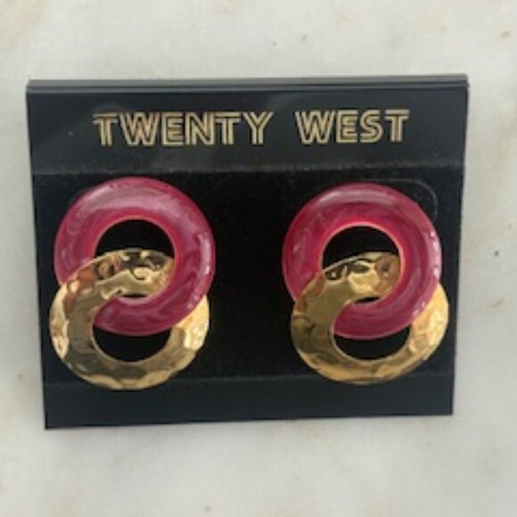 Twenty West Vintage pierced earrings-1980's-Gold tone and Cranberry finish - Picture 2 of 5